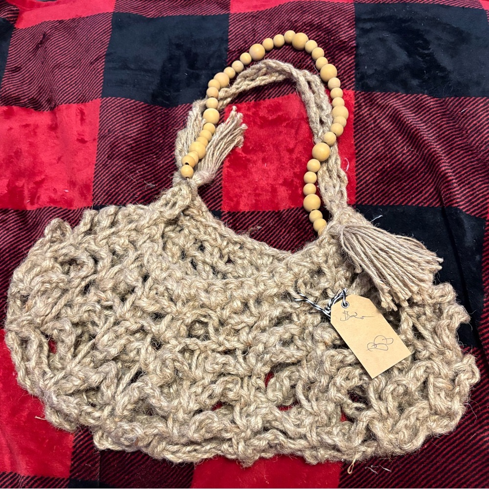 Chic Tan Crochet Tote with Wooden Bead Handle